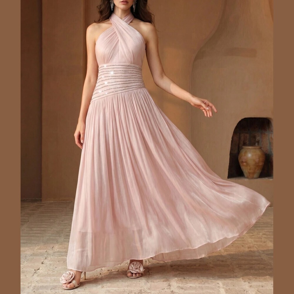 Blush Pink Organza Sequin Waist Halter Neck Flowy Maxi Dress